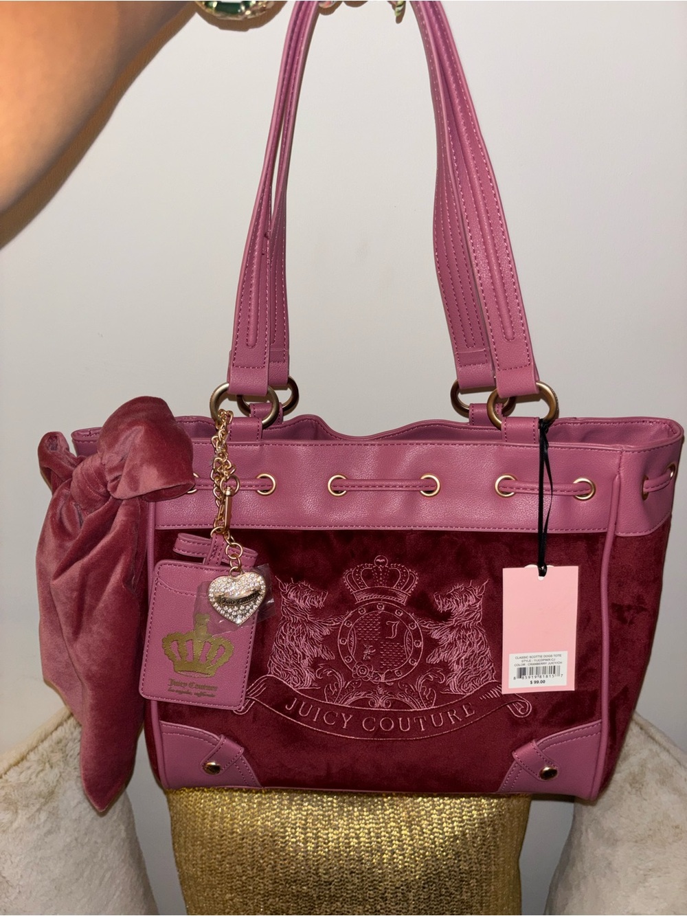 Juicy Couture daydreamer cranberry color  Tote with Bow and Heart Charm